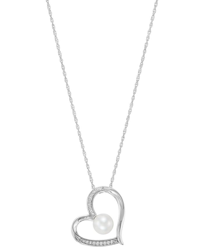Macy's - Cultured Freshwater Pearl (7mm) & Lab-Created White Sapphire (1/5 ct. t.w.) Heart Pendant Necklace in Sterling Silver, 16" + 2" extender