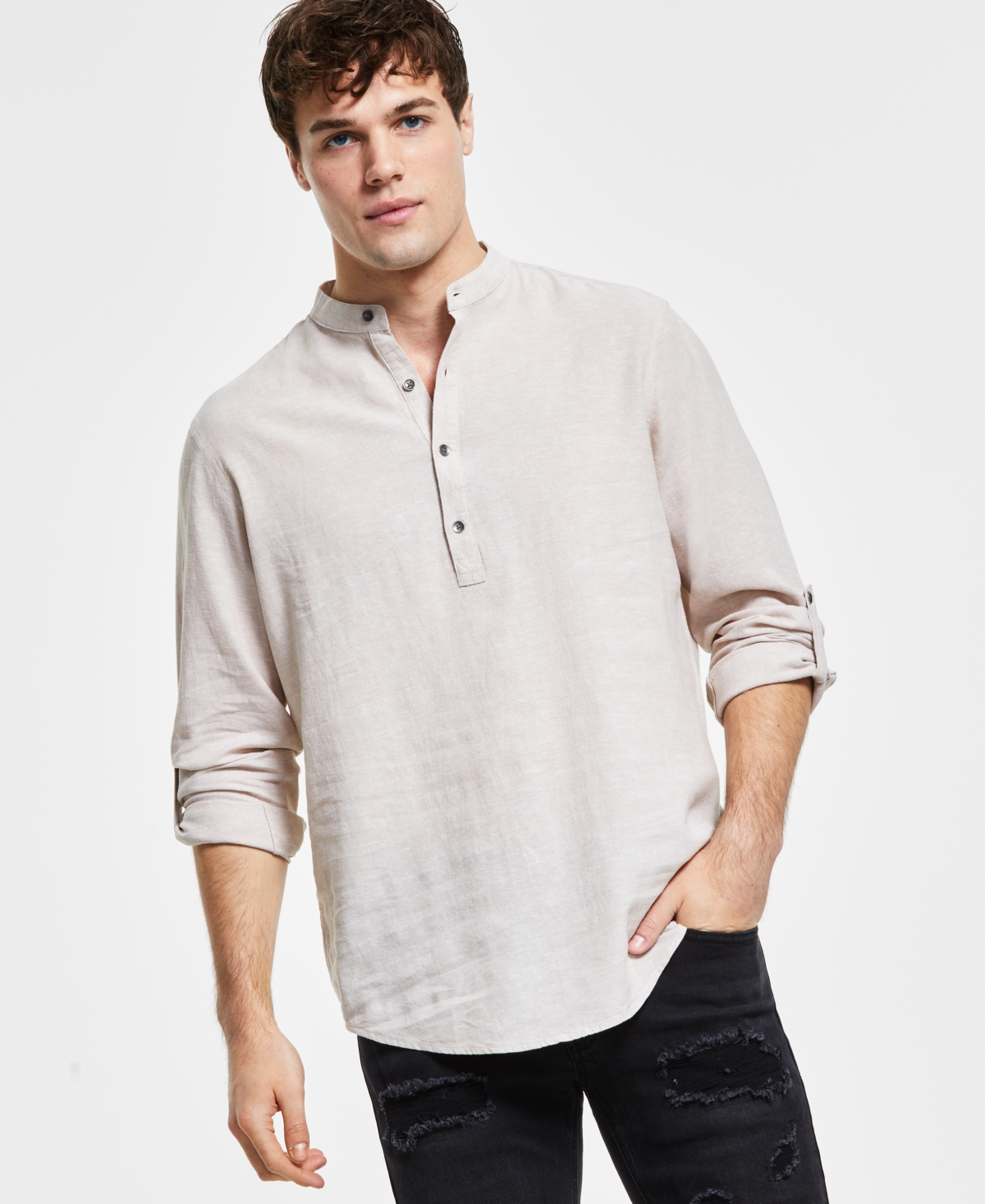 Inc International Concepts Men's Regular-fit Linen Popover Shirt, Created For Macy's In Sand Linen