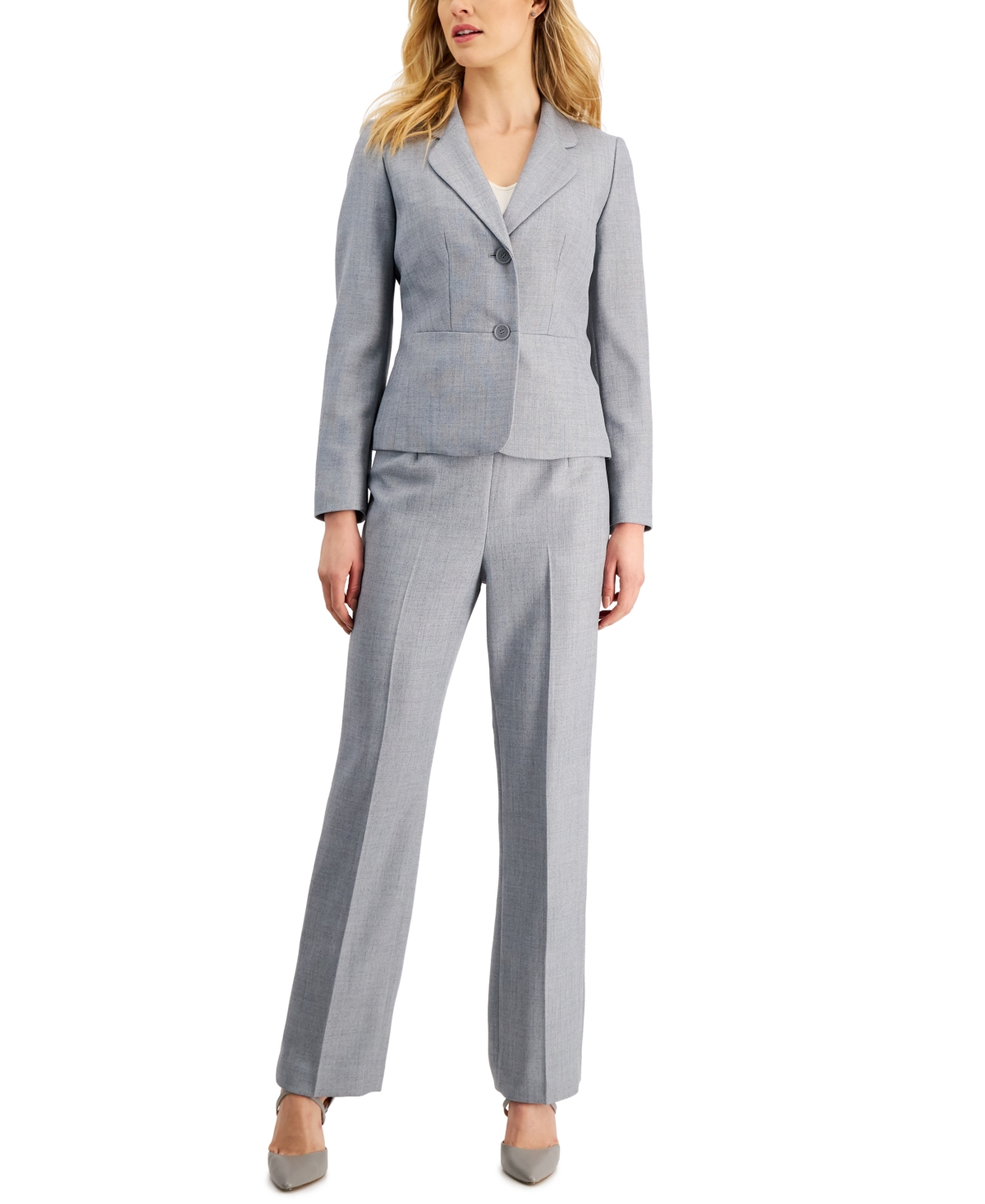 Women's Notch-Collar Pantsuit, Regular and Petite Sizes - White/Khaki