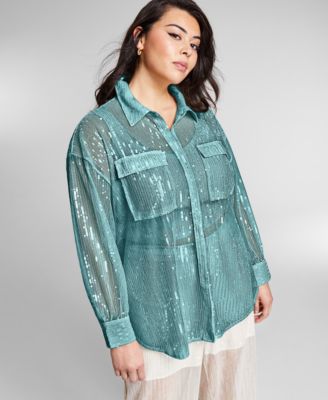 INC International Concepts - Plus Size Sheer Sequin Oversized Shirt