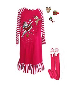 Little Girls Interchangeable Accessory 3D Holiday Graphic Nightgown and Socks Set, 2 Piece