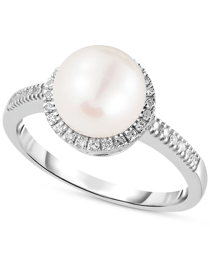 Macy's - Cultured Freshwater Pearl (8mm) & Diamond (1/8 ct. t.w.) Halo Ring in 14k White Gold