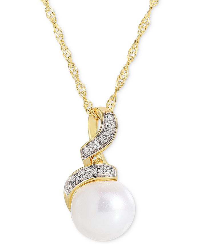 Macy's - Cultured Freshwater Pearl (7mm) & Diamond Accent Swirl Pendant Necklace in 14k Gold, 16" + 2" extender