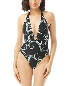 Printed Deep V-Neck O-Ring One-Piece Swimsuit
