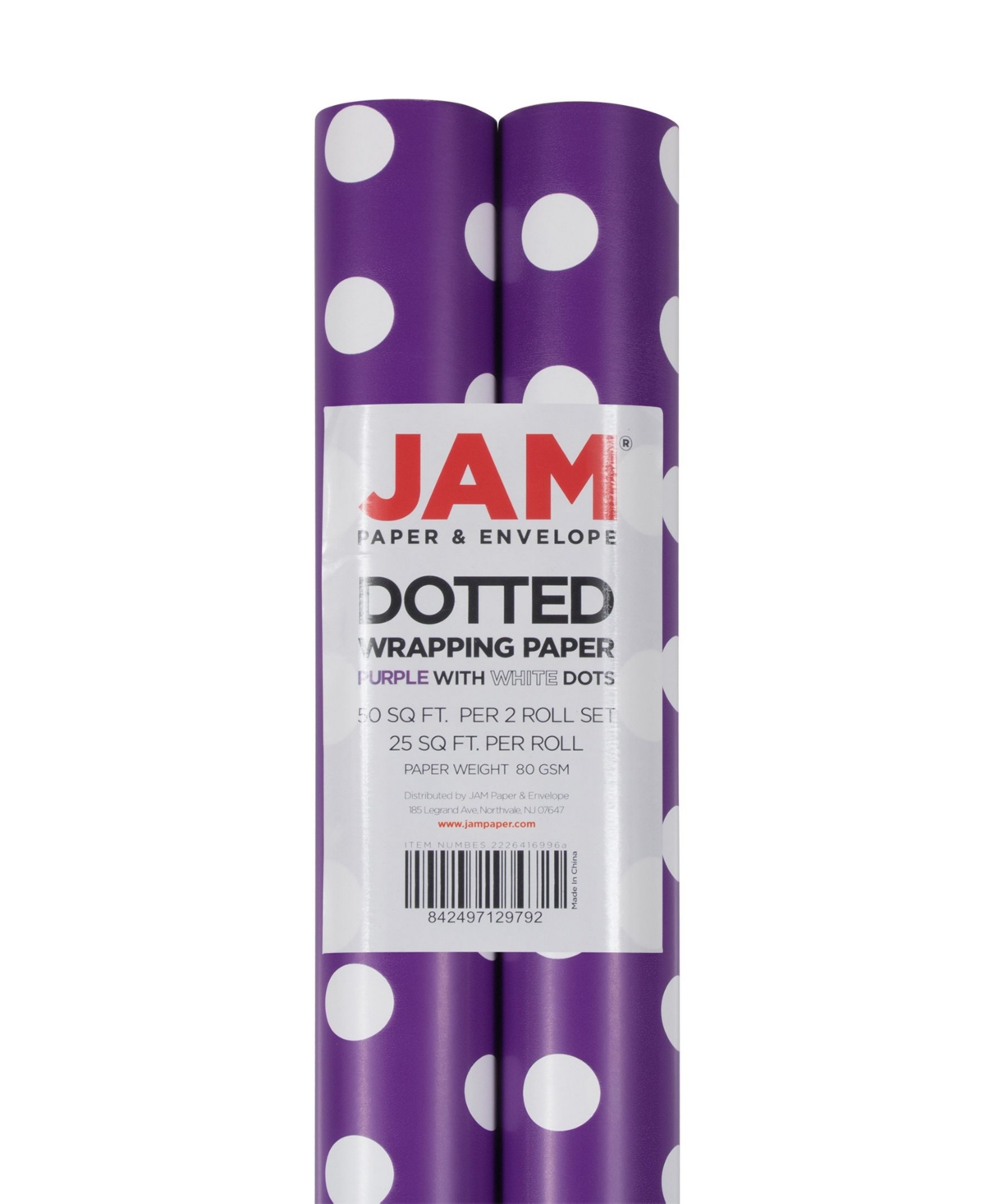 Jam Paper Gift Wrap 50 Square Feet Polka Dot Wrapping Paper Rolls, Pack Of 2 In Purple,white