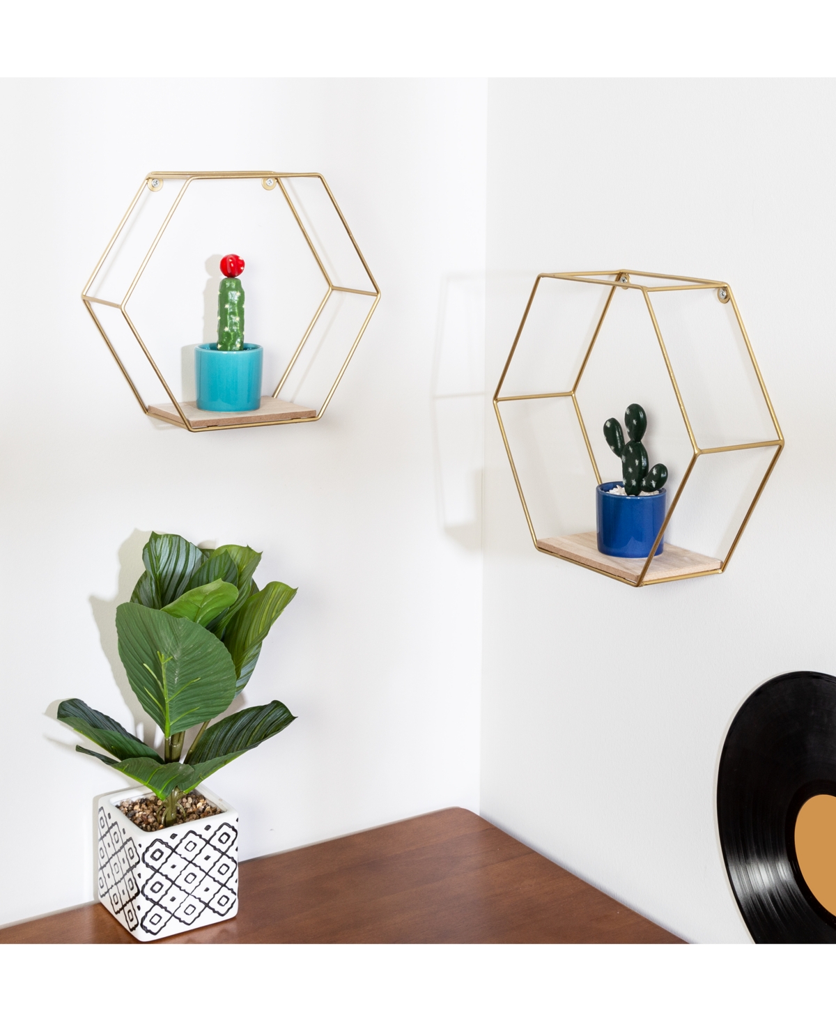 Honey Can Do Hexagonal Decorative Metal Wall Shelves, Set Of 2 In Gold