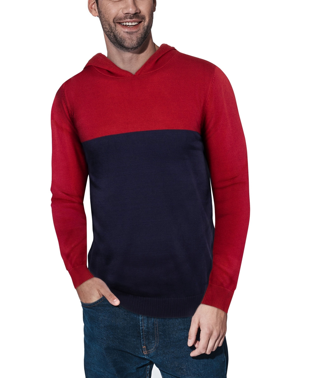 Shop X-ray Men's Basic Hooded Colorblock Midweight Sweater In Jester Red,navy