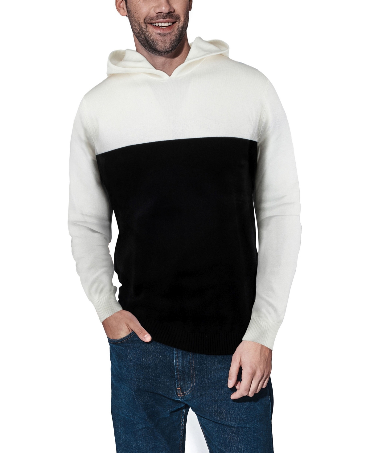 Shop X-ray Men's Basic Hooded Colorblock Midweight Sweater In Off White,black