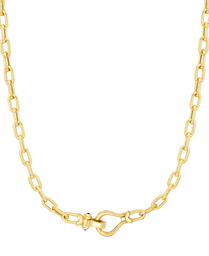 Black Spinel Horseshoe Clasp Paperclip Link 18 Chain Necklace in 14K Gold-Plated Sterling Silver - Gold Over Silver