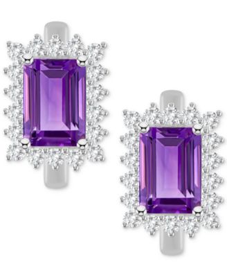 Rhodolite Garnet (2-1/2 ct. t.w.) & White Topaz (3/4 ct. t.w.) Halo Hoop Earrings in Sterling Silver (Also in Citrine, Blue Topaz, Amethyst & Peridot)
