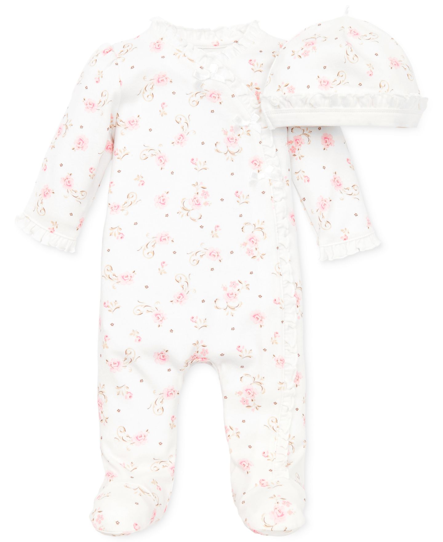 Комбинезоны Little Me Vintage Rose Coverall with Matching Hat, 2 Piece Set для девочек-малышей, цвет: Слоновая кость / Розовый — фото 1