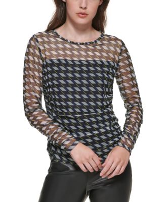 DKNY Houndstooth-Print Mesh Top 