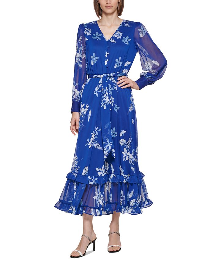 Calvin Klein Floral-Print Chiffon Dress & Reviews - Dresses - Women - Macy's
