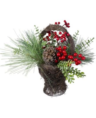 15" Eucalyptus Pine and Berry Artificial Christmas Grapevine Basket