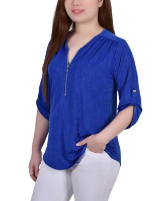 Petite 3/4 Roll Tab Zip Front Jacquard Knit Top