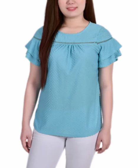 Petite Short Double Flutter Sleeve Swiss Dot Top - Capri