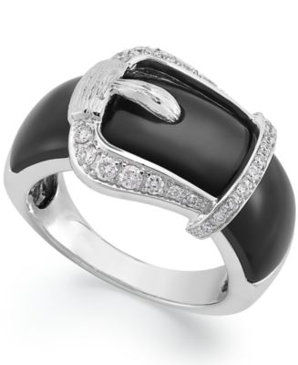 Macy's Sterling Silver Ring, Onyx (8 ct. t.w.) and Diamond (1/4 ct. t.w ...