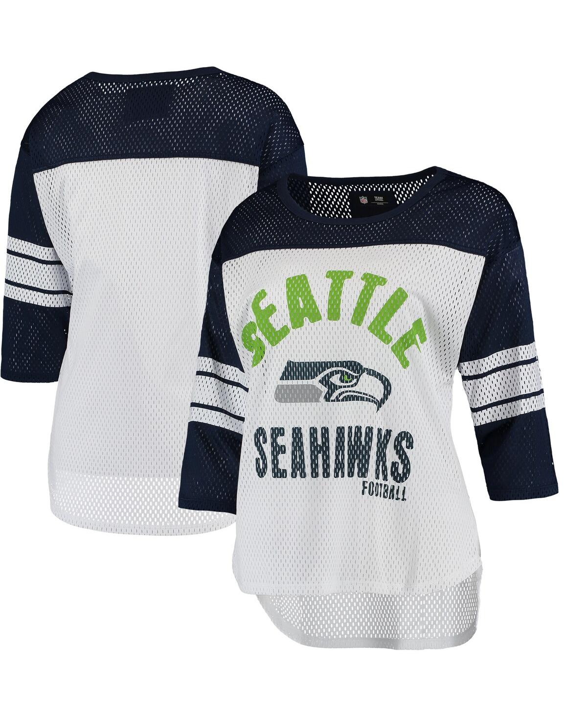 Women's G-iii 4Her by Carl Banksand College Navy Seattle Seahawks First Team Three-Quarter Sleeve Mesh T-shirt - White, College Navy