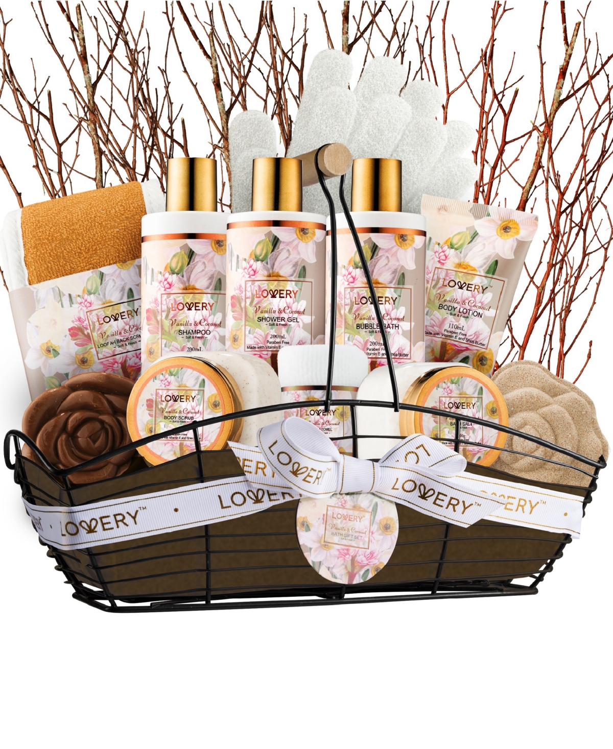 Lovery Home Spa Body Care Gift Set, Vanilla Coconut Bath and Body Gift Set and Self Care Package, 13 Piece