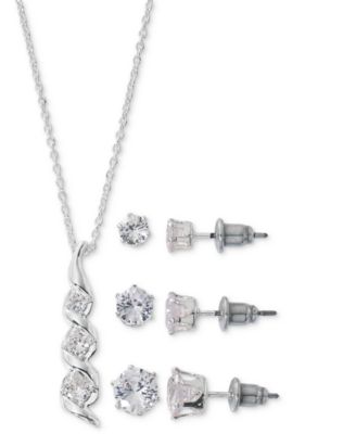 Photo 1 of Cubic Zirconia Pendant Necklace & 3-Pc. Stud Earrings Set in Fine Silver Plate