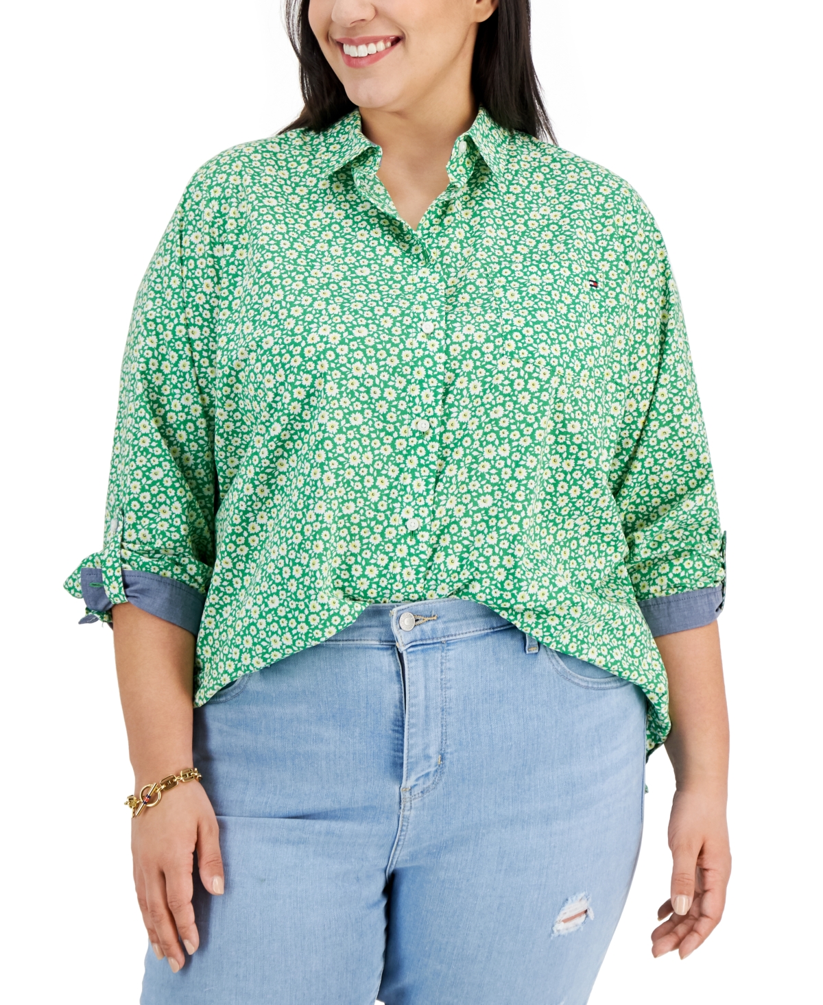 Tommy Hilfiger Plus Size Cotton Paisley-print Utility Shirt In Fern Multi