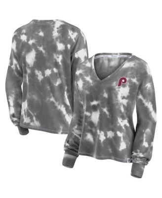 Women's White and Gray Philadelphia Phillies Tie-Dye V-Neck Pullover Cropped Tee