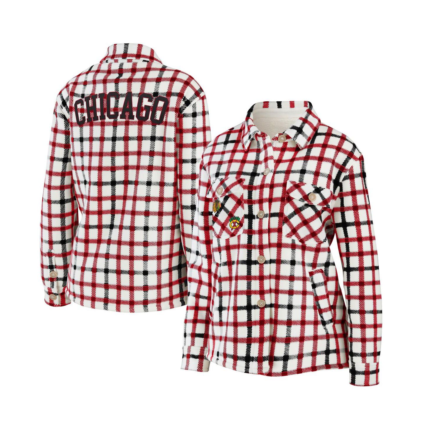 Женская куртка WEAR by Erin Andrews Oatmeal Chicago Blackhawks Plaid Button-Up Shirt Jacket — фото 1