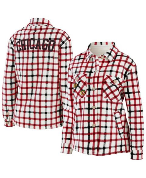 Женские куртки WEAR by Erin Andrews Women's Oatmeal Chicago Blackhawks Plaid Button-Up Shirt Jacket