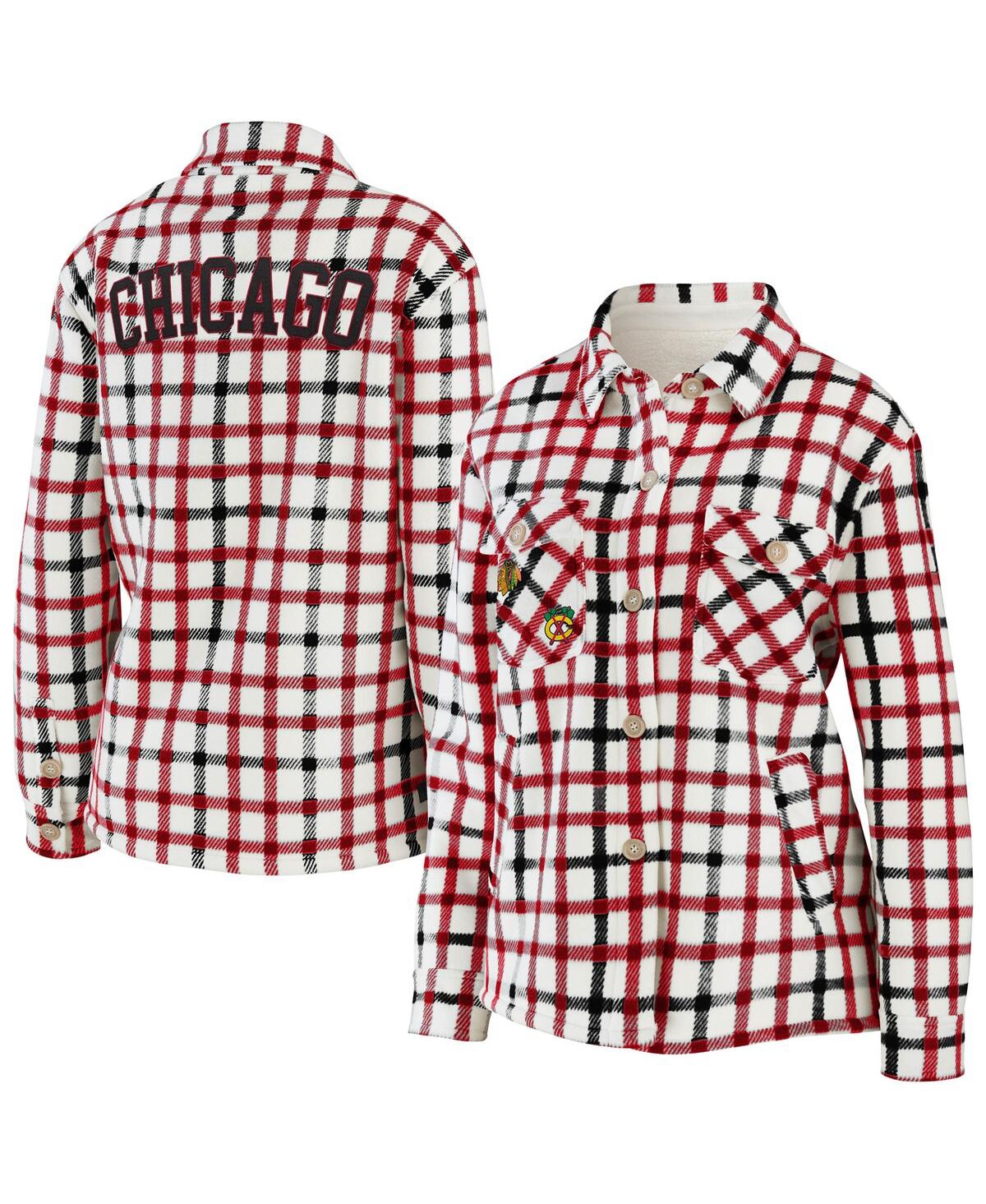Women's Wear by Erin Andrews Oatmeal Chicago Blackhawks Plaid Button-Up Shirt Jacket - Oatmeal