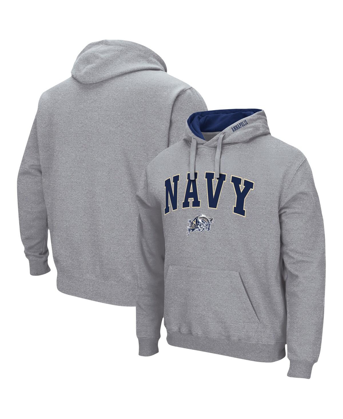 Colosseum Men's  Heathered Gray Navy Midshipmen Arch And Logo 3.0 Pullover Hoodie In Heathered Gray