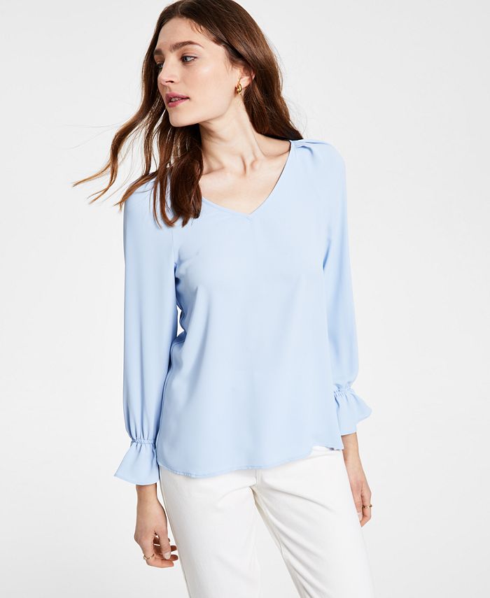 Bar III Solid Cinched-Cuff V-Neck Blouse, Created for Macy's - Macy's