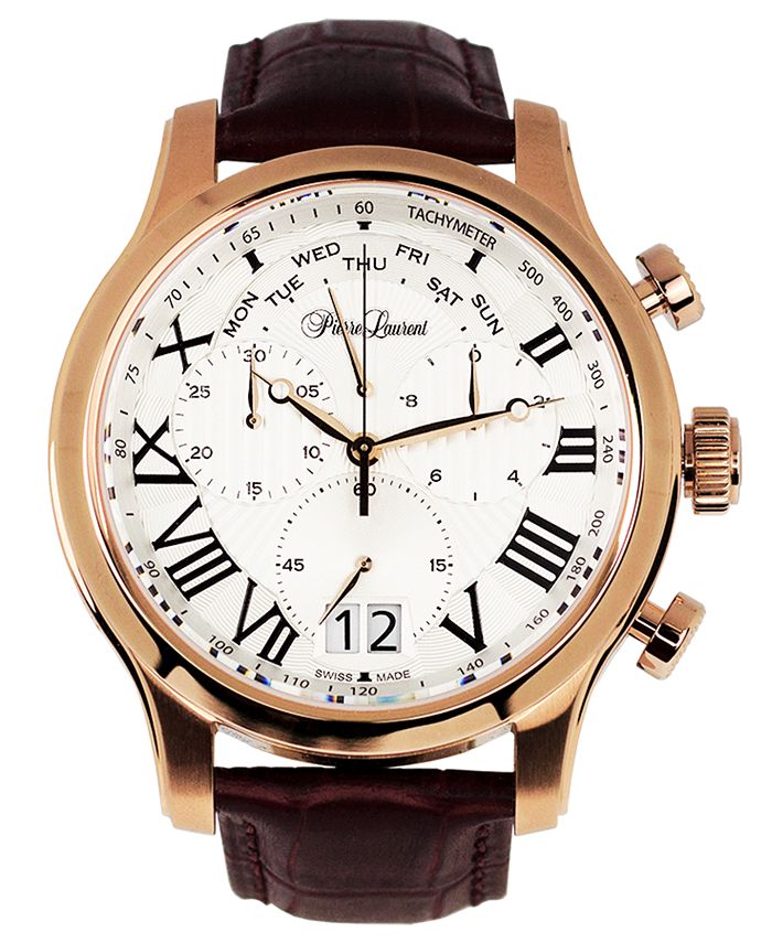 Pierre Laurent Men's Swiss Chronograph Brown Leather Strap Watch 46mm