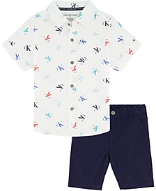 Toddler Boys Logo Print Button-front Shirt and Twill Shorts, 2 Piece Set