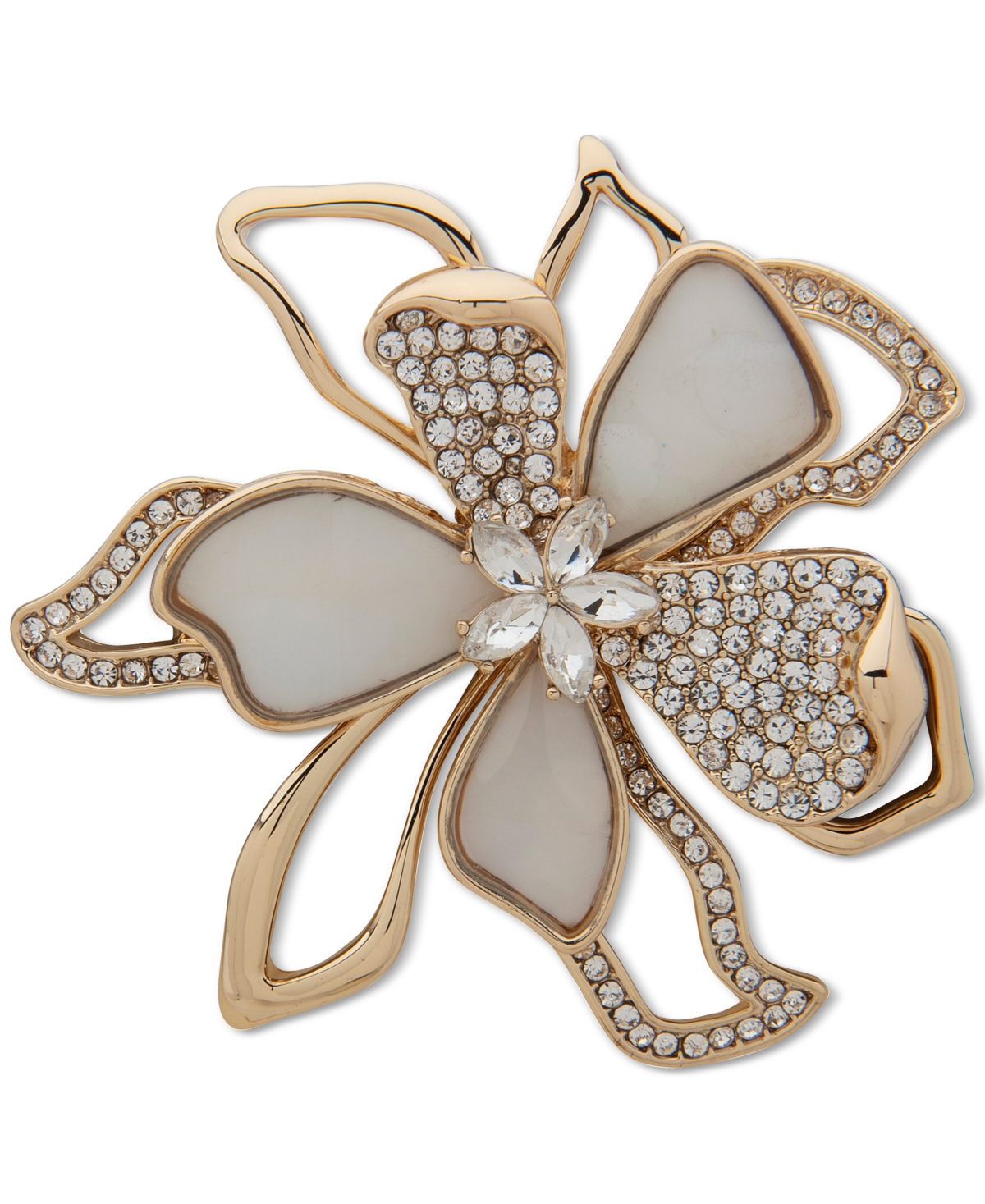 Gold-Tone Crystal & Mother-of-Pearl Flower Pin - Crystal