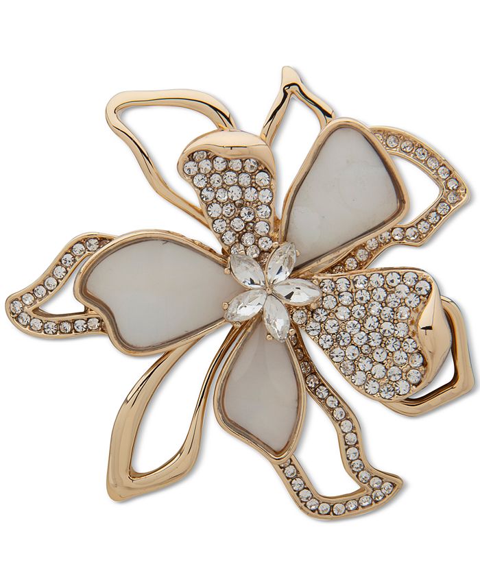 Anne Klein Gold-Tone Crystal & Mother-of-Pearl Flower Pin - Macy's