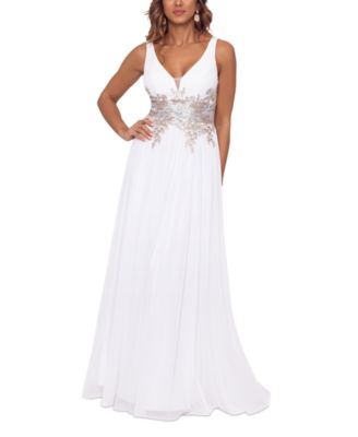 Betsy & Adam - V-Neck Mesh-Waist Embroidered Chiffon Gown