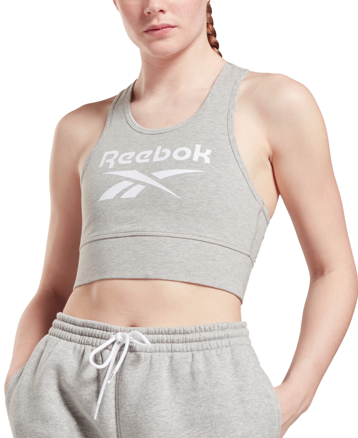 Shop Reebok Women's Low Impact Graphic Logo Cotton Sports Bra In Medium Grey Heather