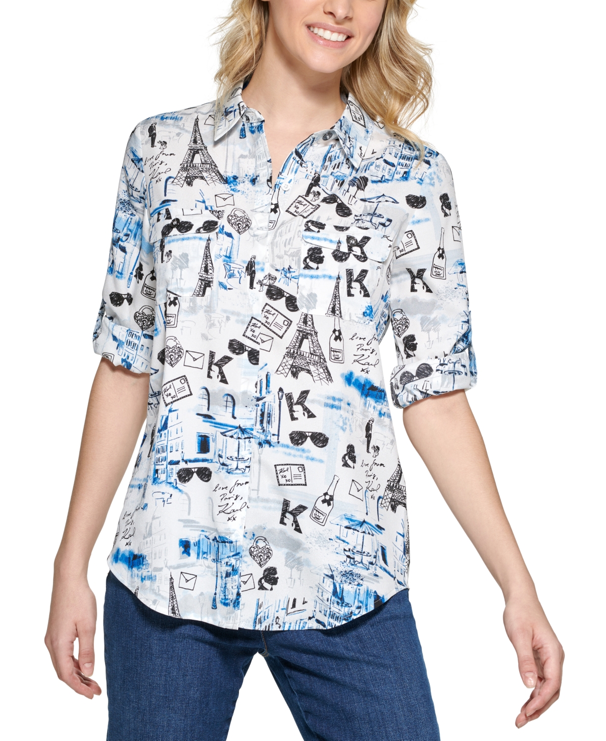 Karl Lagerfeld Women's Printed Whimsical Long Sleeve Top In White,blue Combo