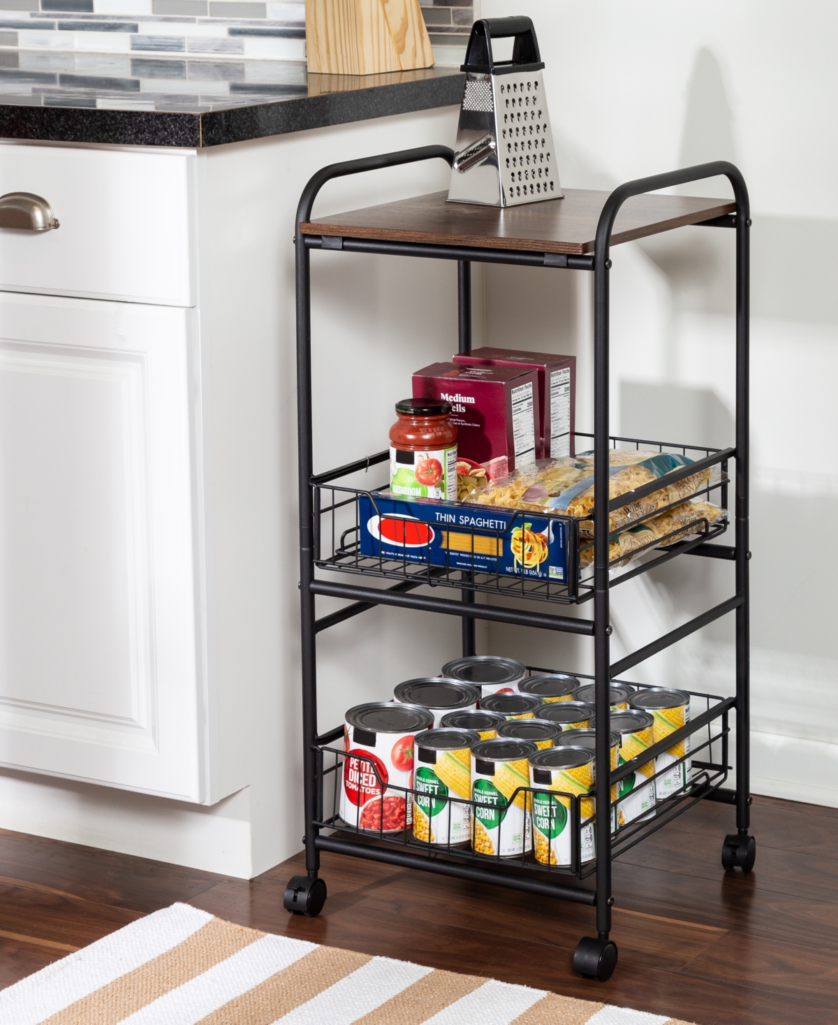 Honey Can Do 3-tier Slim Rolling Cart With Metal Basket Drawers In Black