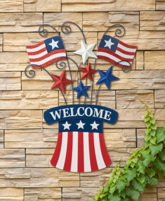 Wooden and Metal Patriotic Flags Yard Stake or Wall Decor Kd, Two Function, 30.25"