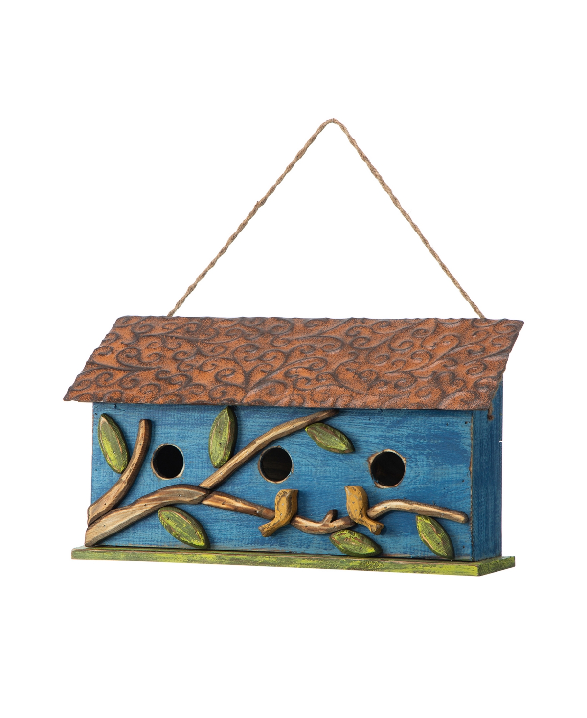 Glitzhome 15.75" Oversized Washed Distressed Cottage Birdhouse With 3d Tree And Bird In Blue