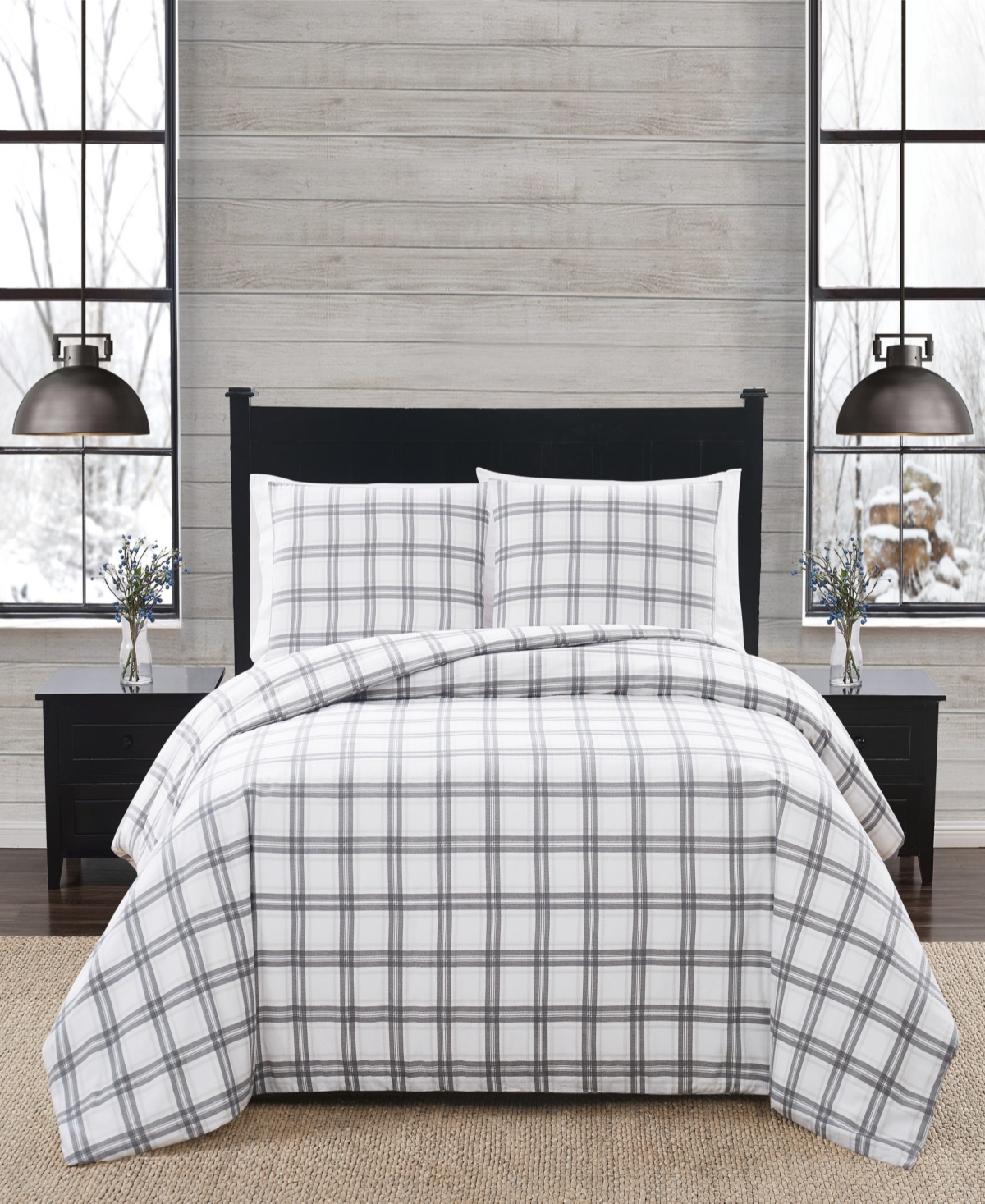 London Fog Plaid 3 Piece Flannel Comforter Set, Full/queen In White,gray