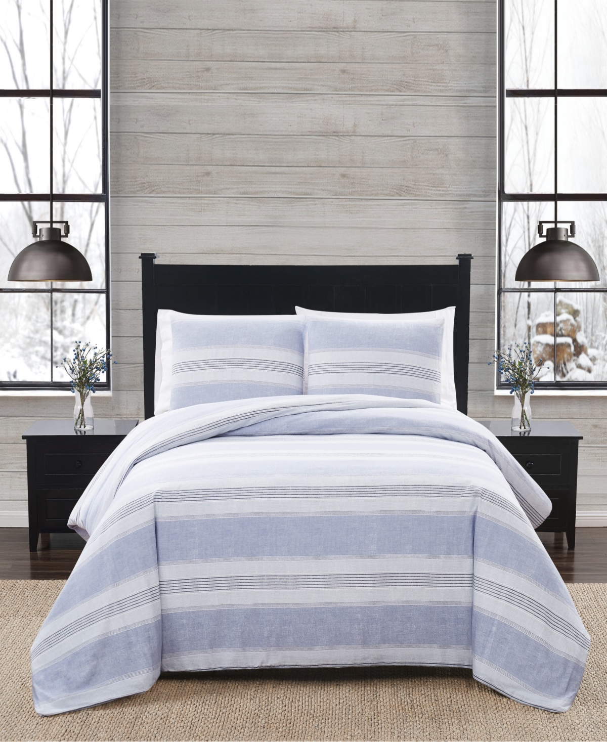 London Fog Herringbone 3 Piece Flannel Comforter Set, Full/queen In White/blue