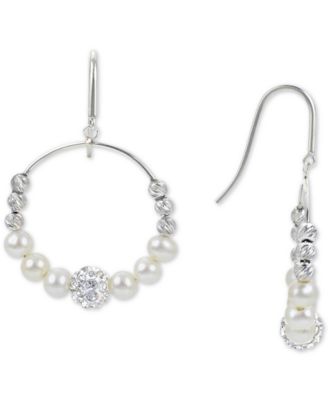 Macy's - Cultured Freshwater Pearl (4-5mm) Graduated Leaf & Crystal Circle Drop Earrings in Sterling Silver