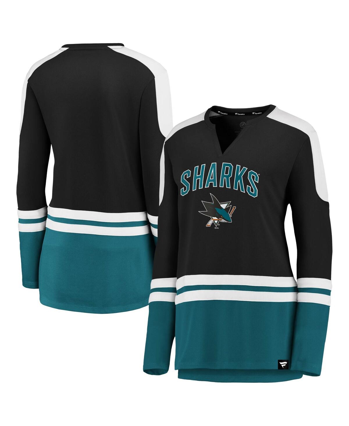 Women's Fanaticsand Teal San Jose Sharks Iconic Slapshot Long Sleeve Notch Neck T-shirt - Black, Teal