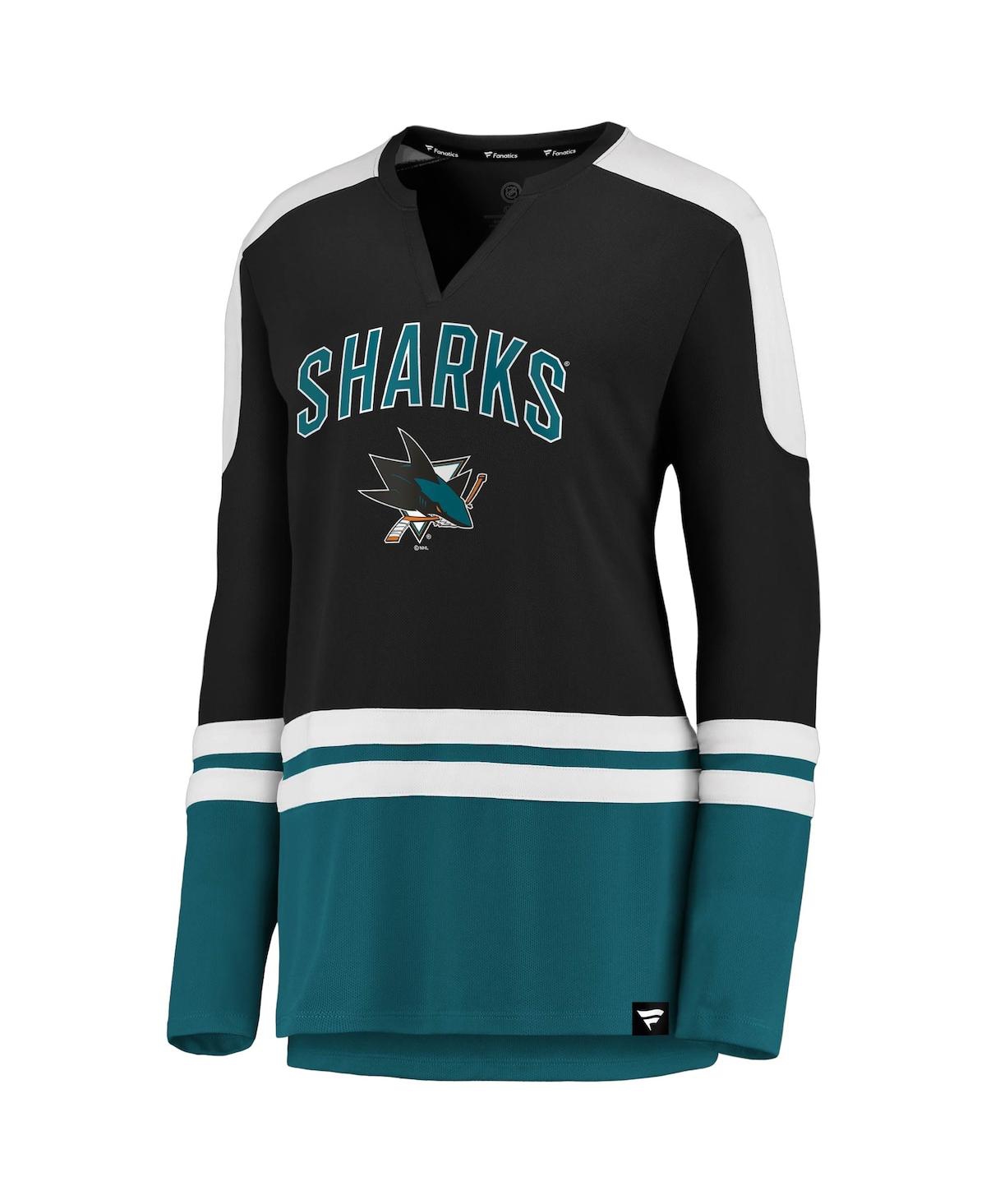 Women's Fanaticsand Teal San Jose Sharks Iconic Slapshot Long Sleeve Notch Neck T-shirt - Black, Teal