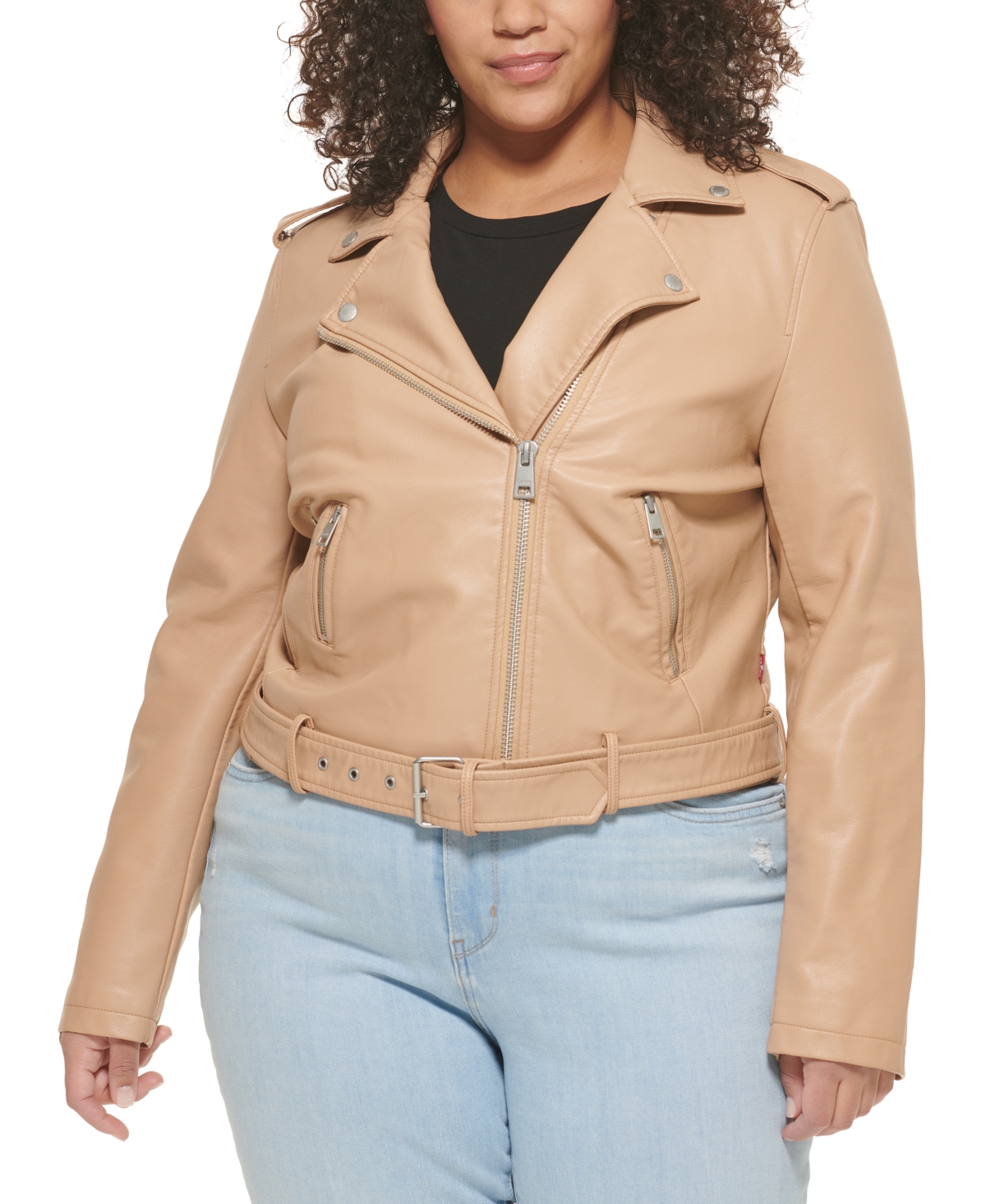 Plus Size Faux Leather Belted Motorcycle Jacket - Biscotti