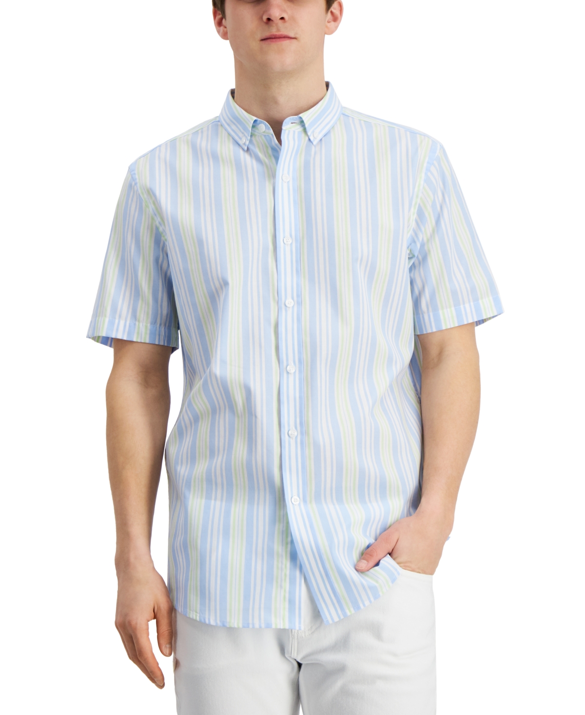 Club Room Men's Short Sleeve Printed Shirt, Created For Macy's In Pale Ink Blue