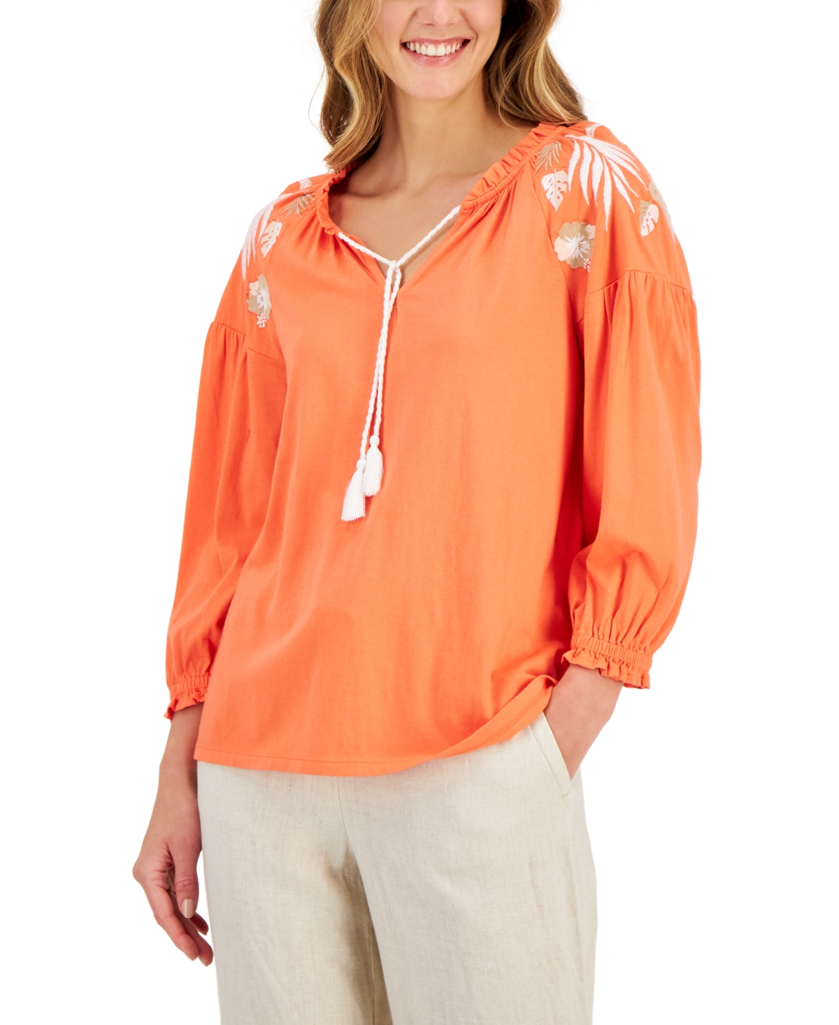 Charter Club Women’s Embroidered Peasant Top, Created for Macy’s