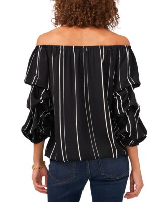 Women's Striped Off-The-Shoulder Bubble 3/4-Sleeve Tie-Front Blouse